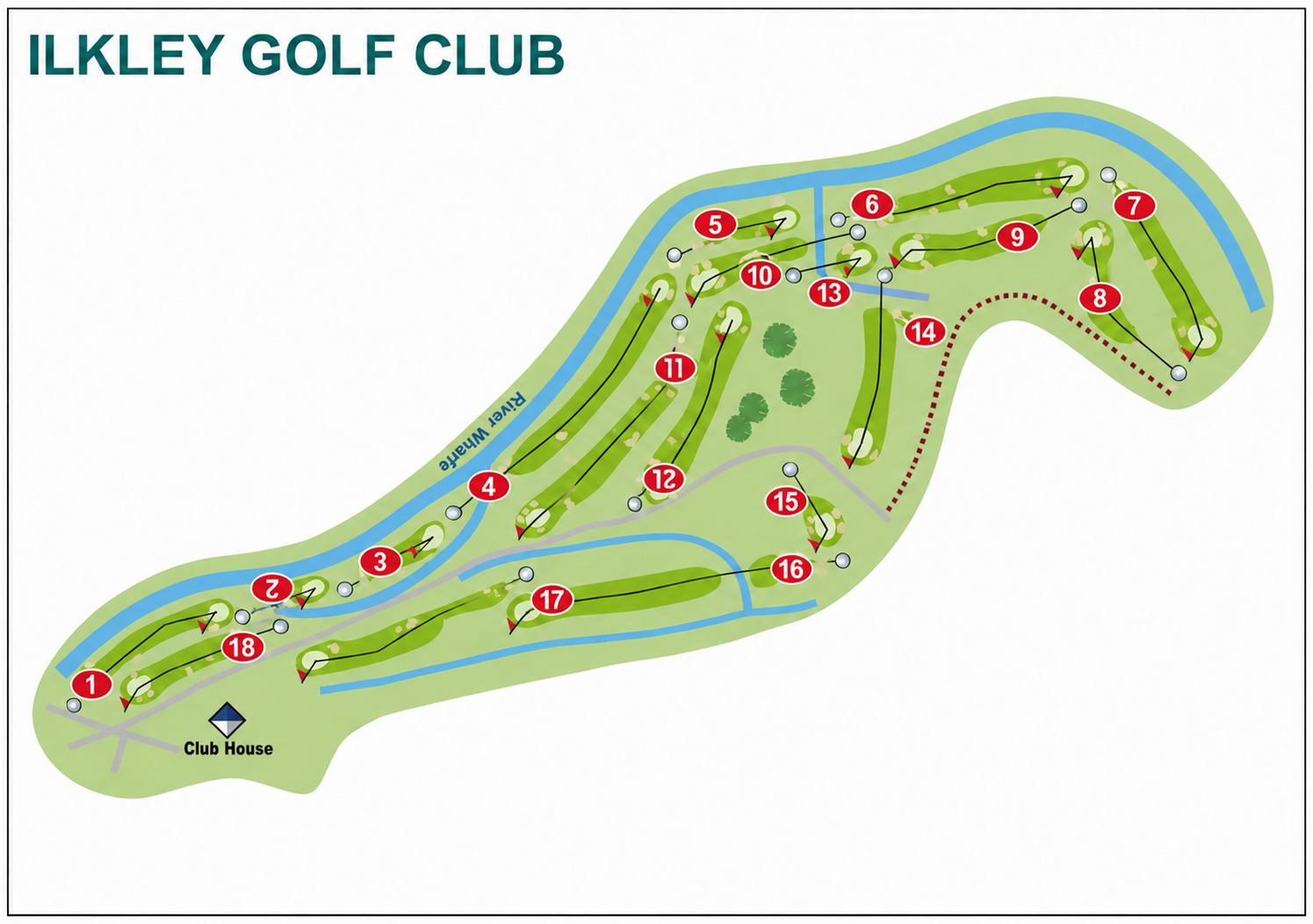 Ilkley Golf Club course map showing all 18 holes, the clubhouse and the River Wharfe
